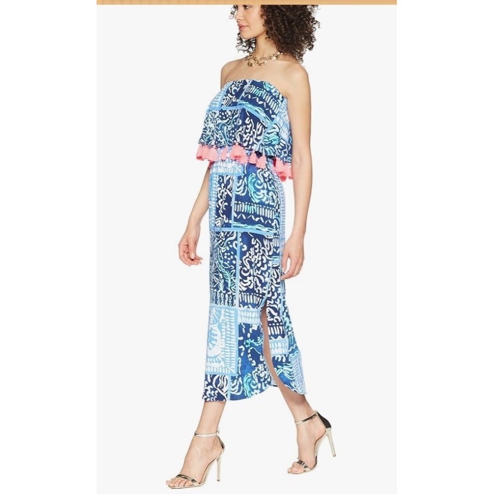 Lilly Pulitzer Meridian Dress Midi Deep Indigo Strapless XL Pink Tassels Beach